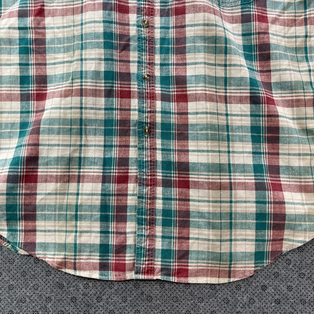 Vintage LL Bean Mens XL Linen Cotton Plaid Shirt Teal Burgundy Long Sleeve